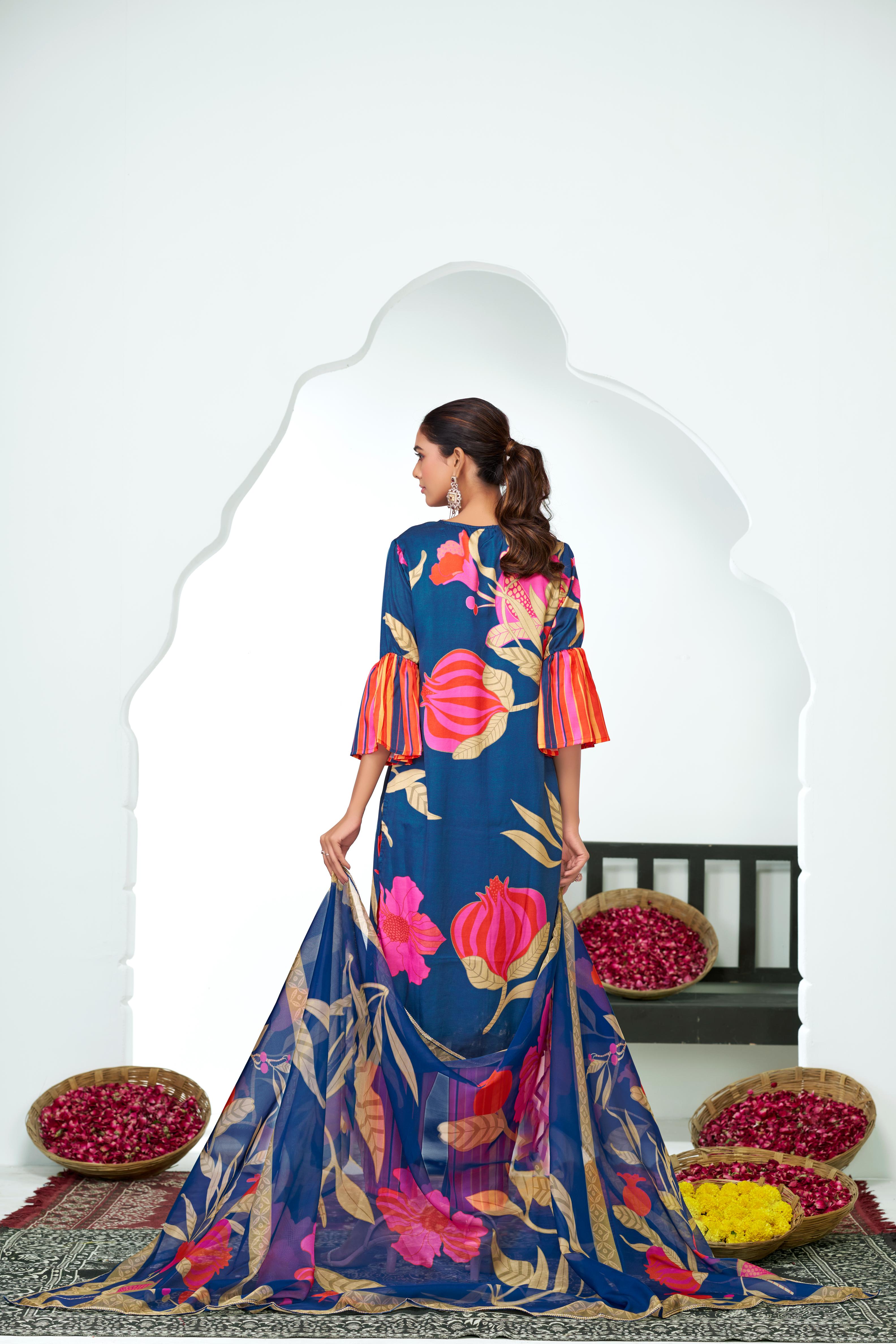 BulBul Rani Blue Silk Kurta Set with Dupatta