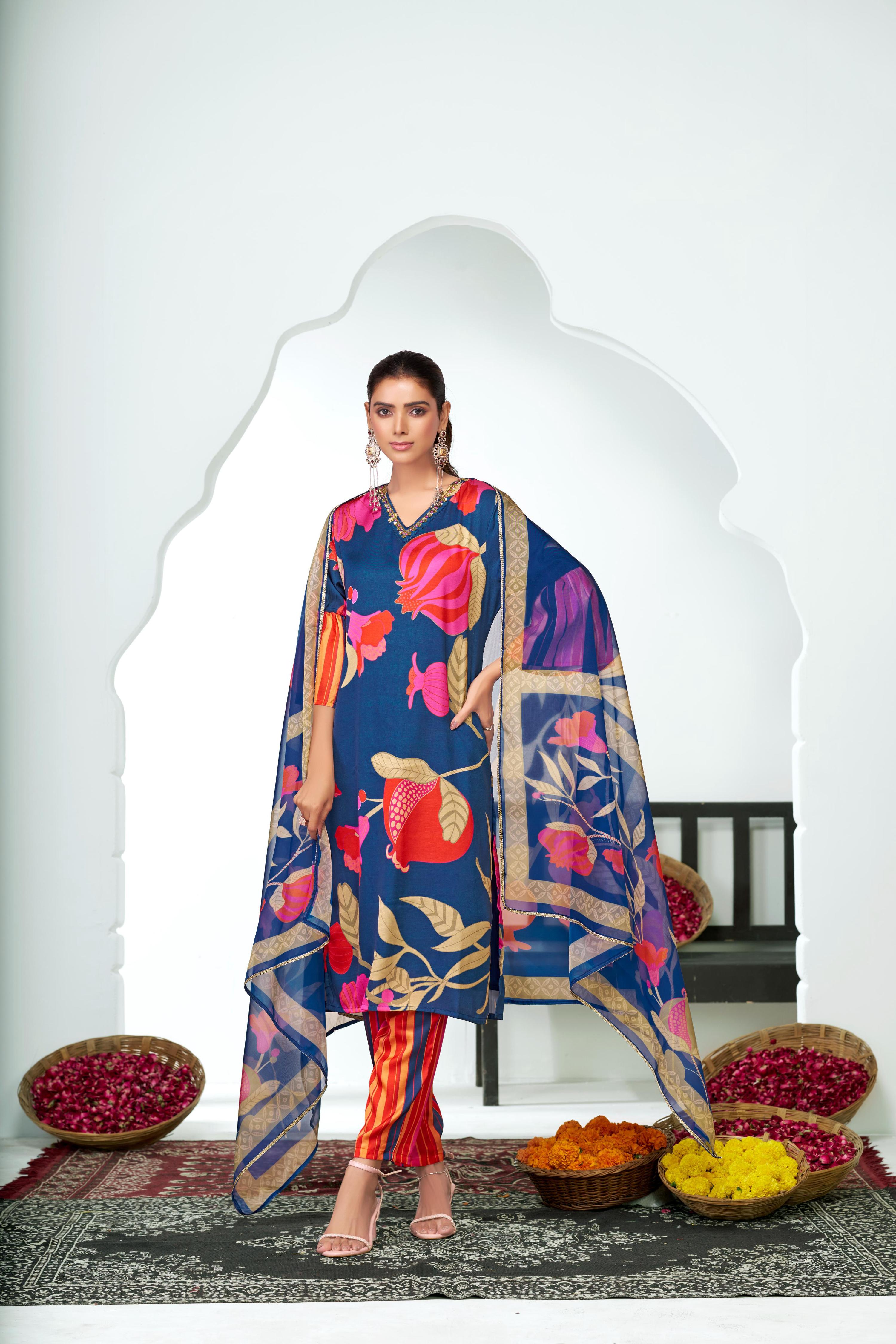 BulBul Rani Blue Silk Kurta Set with Dupatta