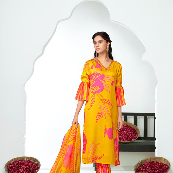 BulBul Rani Mustard Silk Kurta Set with Dupatta