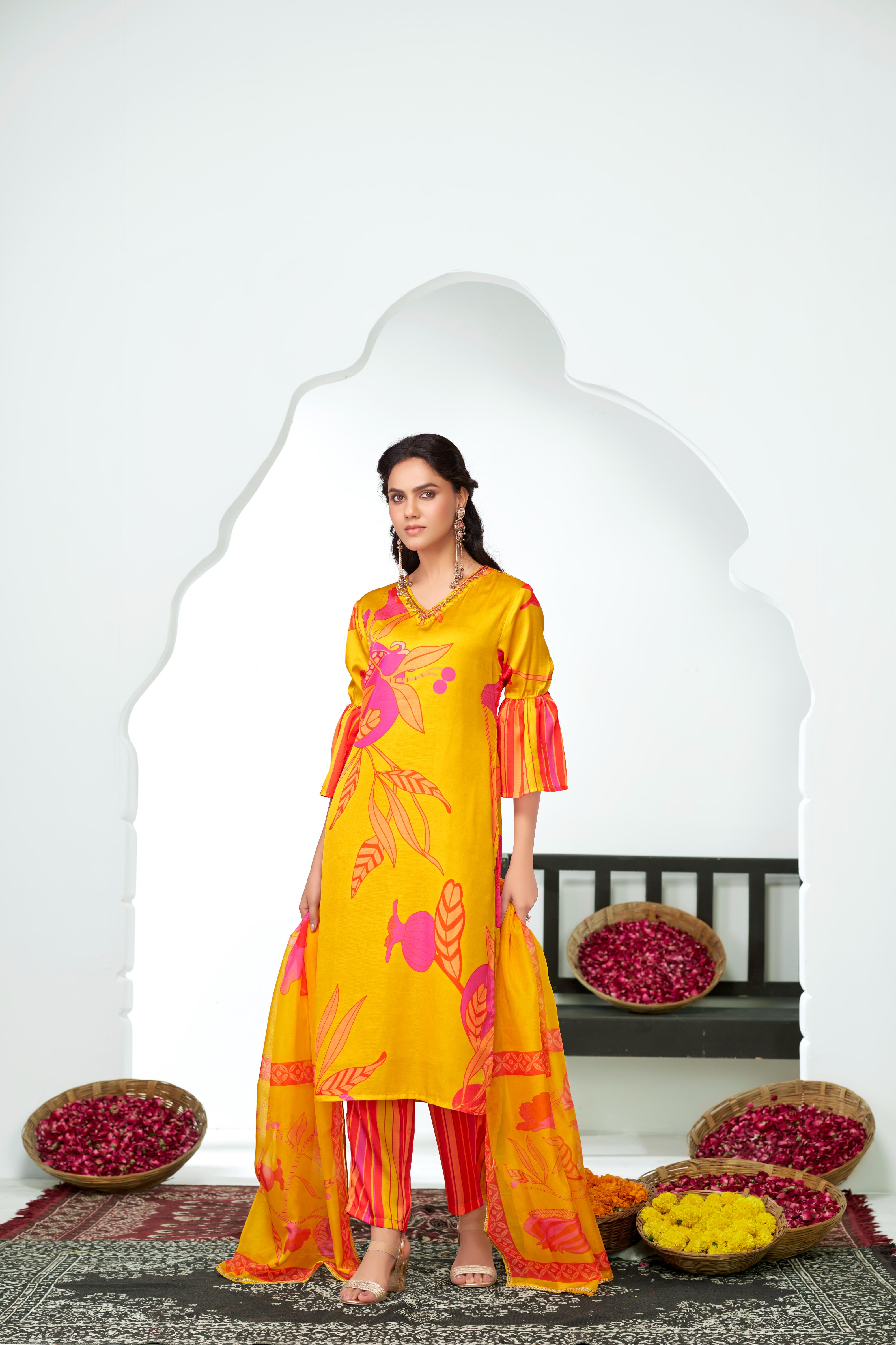 BulBul Rani Mustard Silk Kurta Set with Dupatta