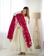 Thumbnail for Lorenvalley White Vichitra Silk Fabric Fully Flared Anarkali Pant With Dupatta Set - Distacart