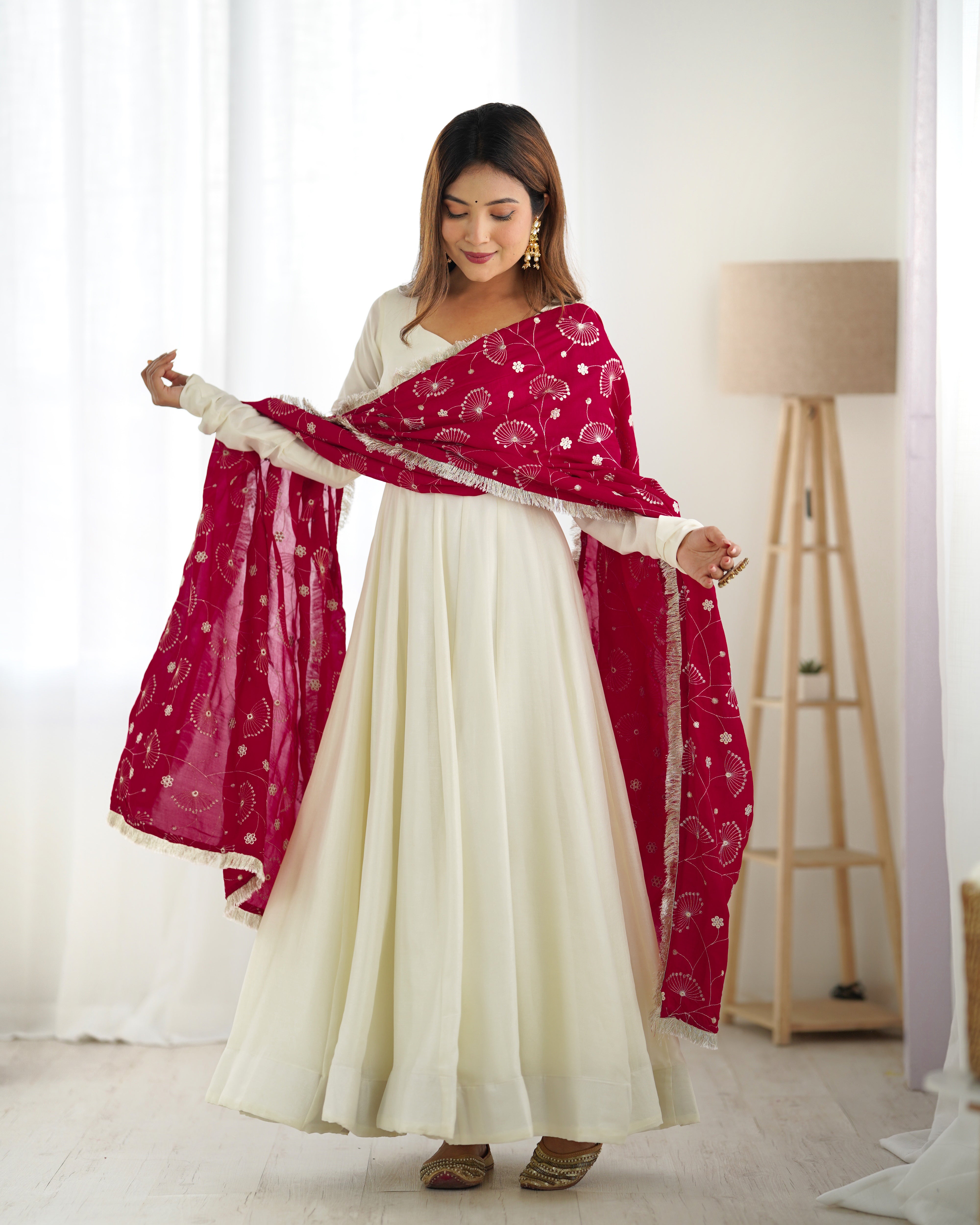 Lorenvalley White Vichitra Silk Fabric Fully Flared Anarkali Pant With Dupatta Set - Distacart