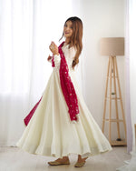 Thumbnail for Lorenvalley White Vichitra Silk Fabric Fully Flared Anarkali Pant With Dupatta Set - Distacart