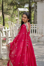 Thumbnail for Evanik Rani Pink Faux Blooming Gown With Dupatta With Rich Sequins Embroidered work