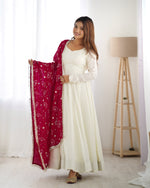 Thumbnail for Lorenvalley White Vichitra Silk Fabric Fully Flared Anarkali Pant With Dupatta Set - Distacart