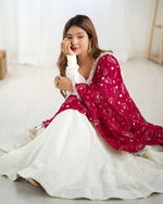 Thumbnail for Lorenvalley White Vichitra Silk Fabric Fully Flared Anarkali Pant With Dupatta Set - Distacart