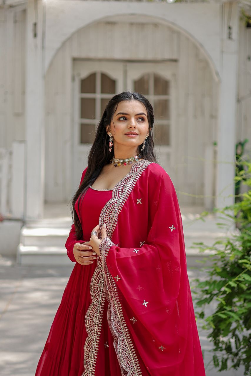 Evanik Rani Pink Faux Blooming Gown With Dupatta With Rich Sequins Embroidered work