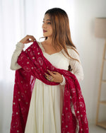 Thumbnail for Lorenvalley White Vichitra Silk Fabric Fully Flared Anarkali Pant With Dupatta Set - Distacart