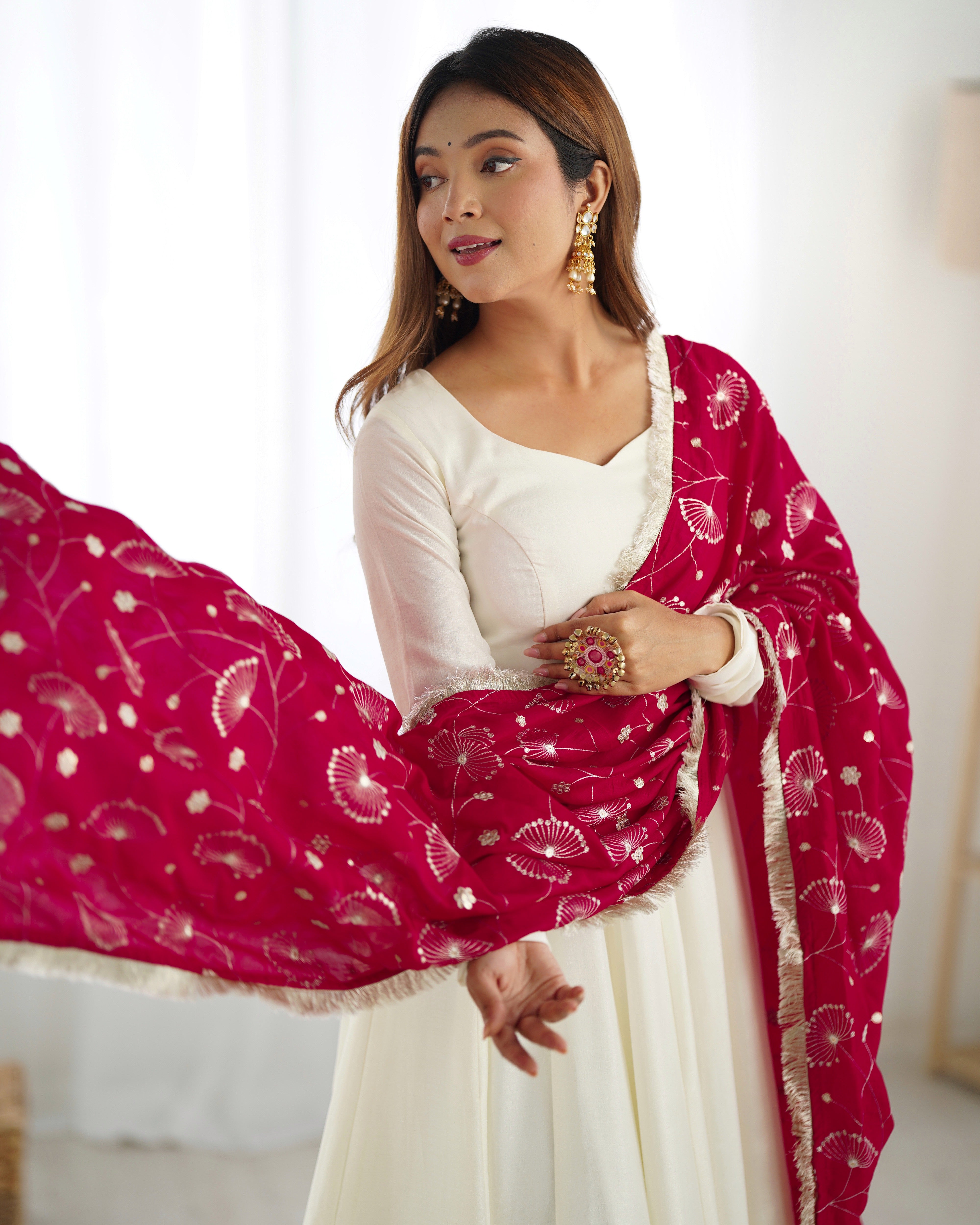 Lorenvalley White Vichitra Silk Fabric Fully Flared Anarkali Pant With Dupatta Set - Distacart