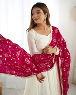 Thumbnail for Lorenvalley White Vichitra Silk Fabric Fully Flared Anarkali Pant With Dupatta Set - Distacart