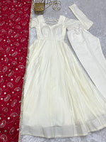 Thumbnail for Lorenvalley White Vichitra Silk Fabric Fully Flared Anarkali Pant With Dupatta Set - Distacart