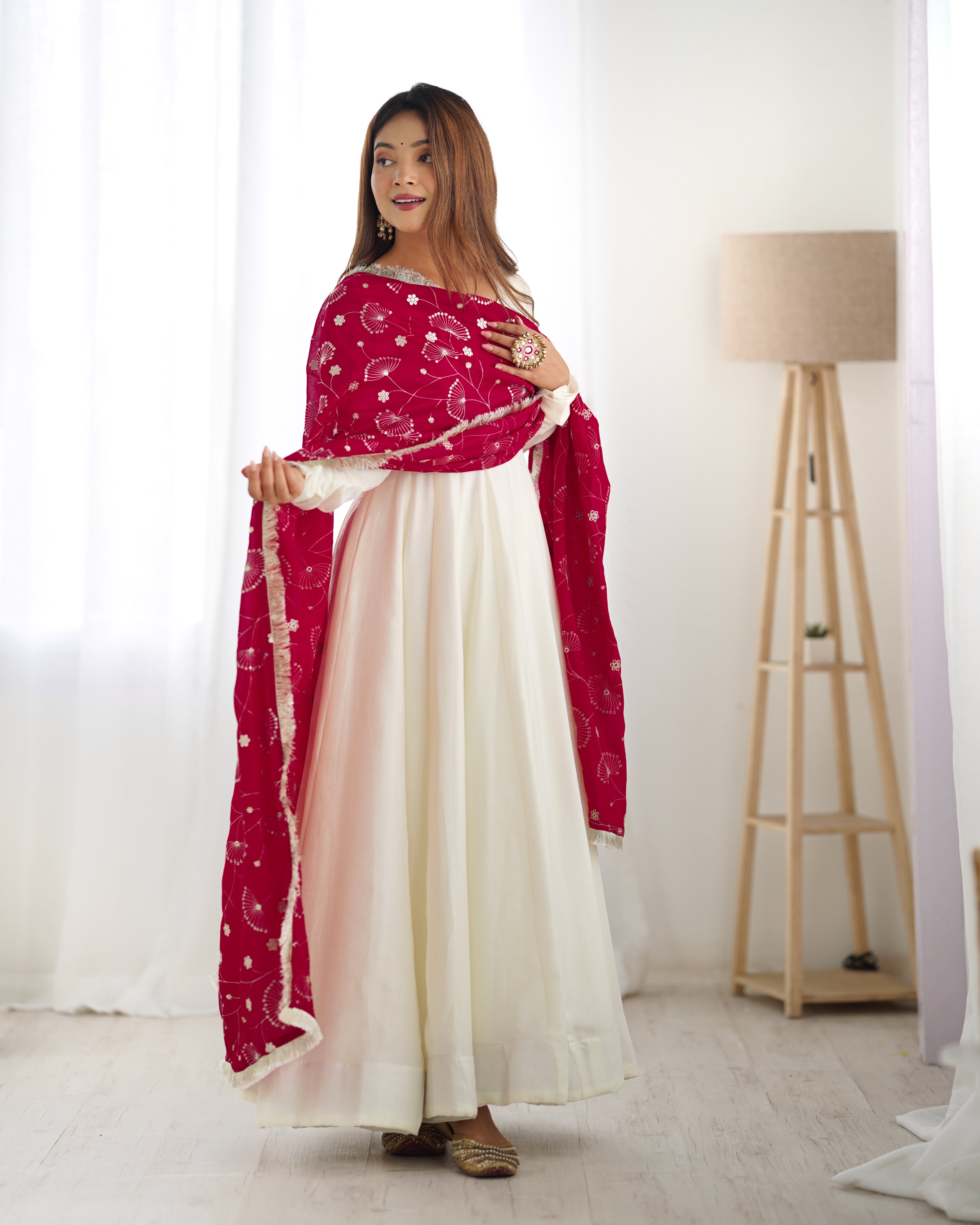 Lorenvalley White Vichitra Silk Fabric Fully Flared Anarkali Pant With Dupatta Set - Distacart