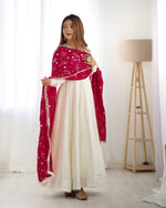 Thumbnail for Lorenvalley White Vichitra Silk Fabric Fully Flared Anarkali Pant With Dupatta Set - Distacart