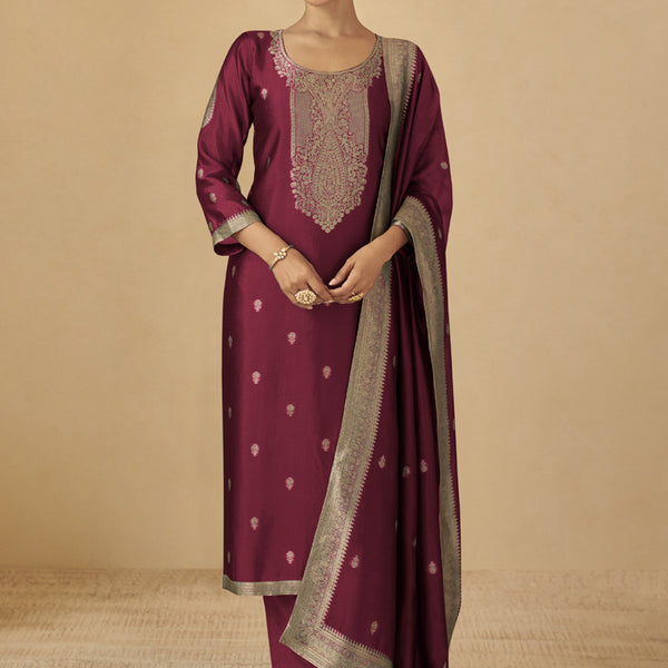 Vegaa Fashion Maroon Viscose Silk Jacquard Wedding Wear Salwar Suit