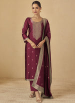 Thumbnail for Vegaa Fashion Maroon Viscose Silk Jacquard Wedding Wear Salwar Suit
