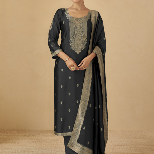 Vegaa Fashion Black Viscose Silk Jacquard Wedding Wear Salwar Suit