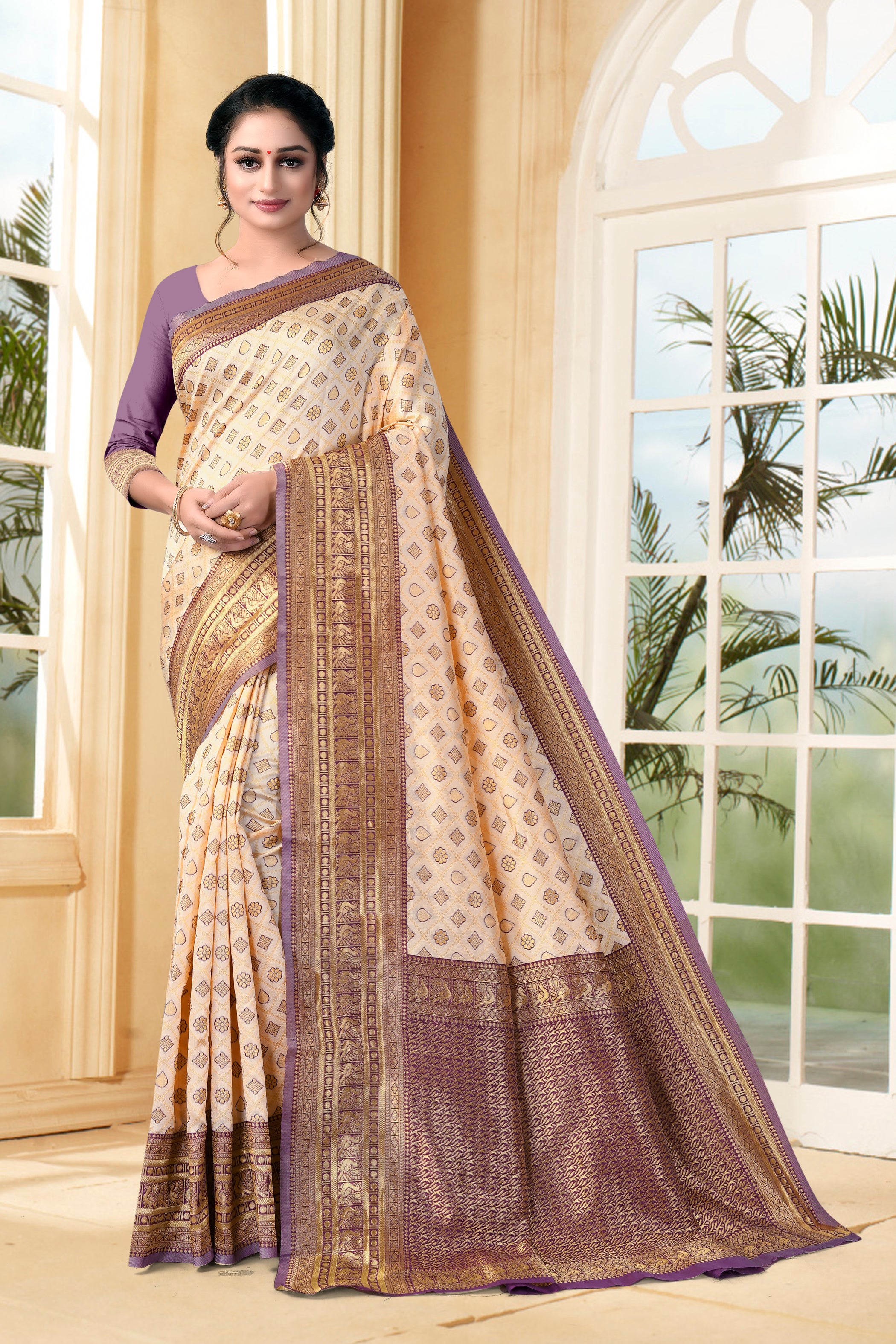 Vedant Vastram Litchi Silk Designer Banarasi Saree - Cream - Distacart