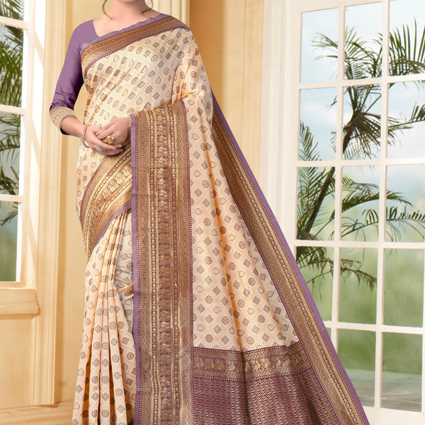 Vedant Vastram Litchi Silk Designer Banarasi Saree - Cream - Distacart