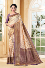 Thumbnail for Vedant Vastram Litchi Silk Designer Banarasi Saree - Cream - Distacart