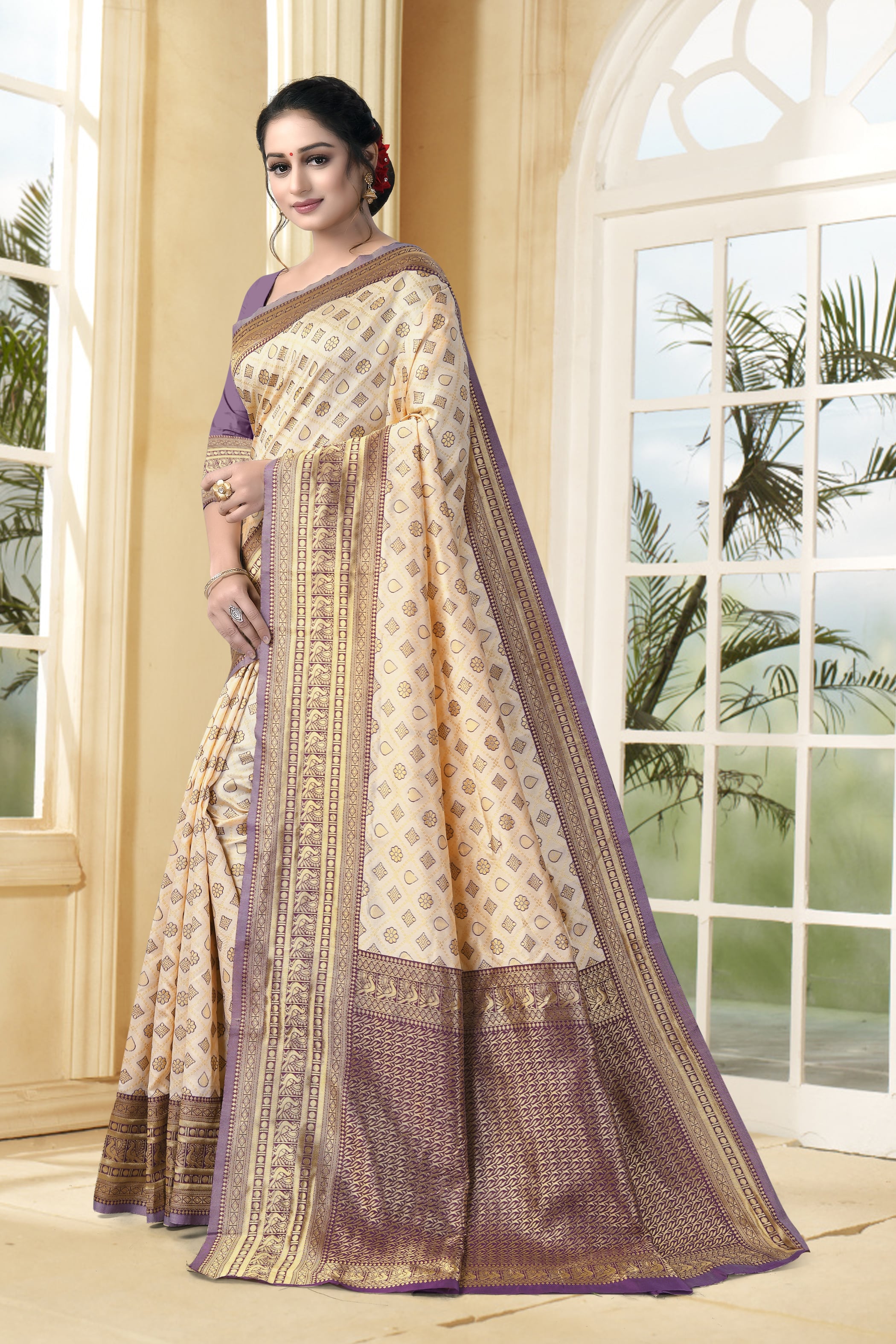 Vedant Vastram Litchi Silk Designer Banarasi Saree - Cream - Distacart