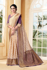 Thumbnail for Vedant Vastram Litchi Silk Designer Banarasi Saree - Cream - Distacart