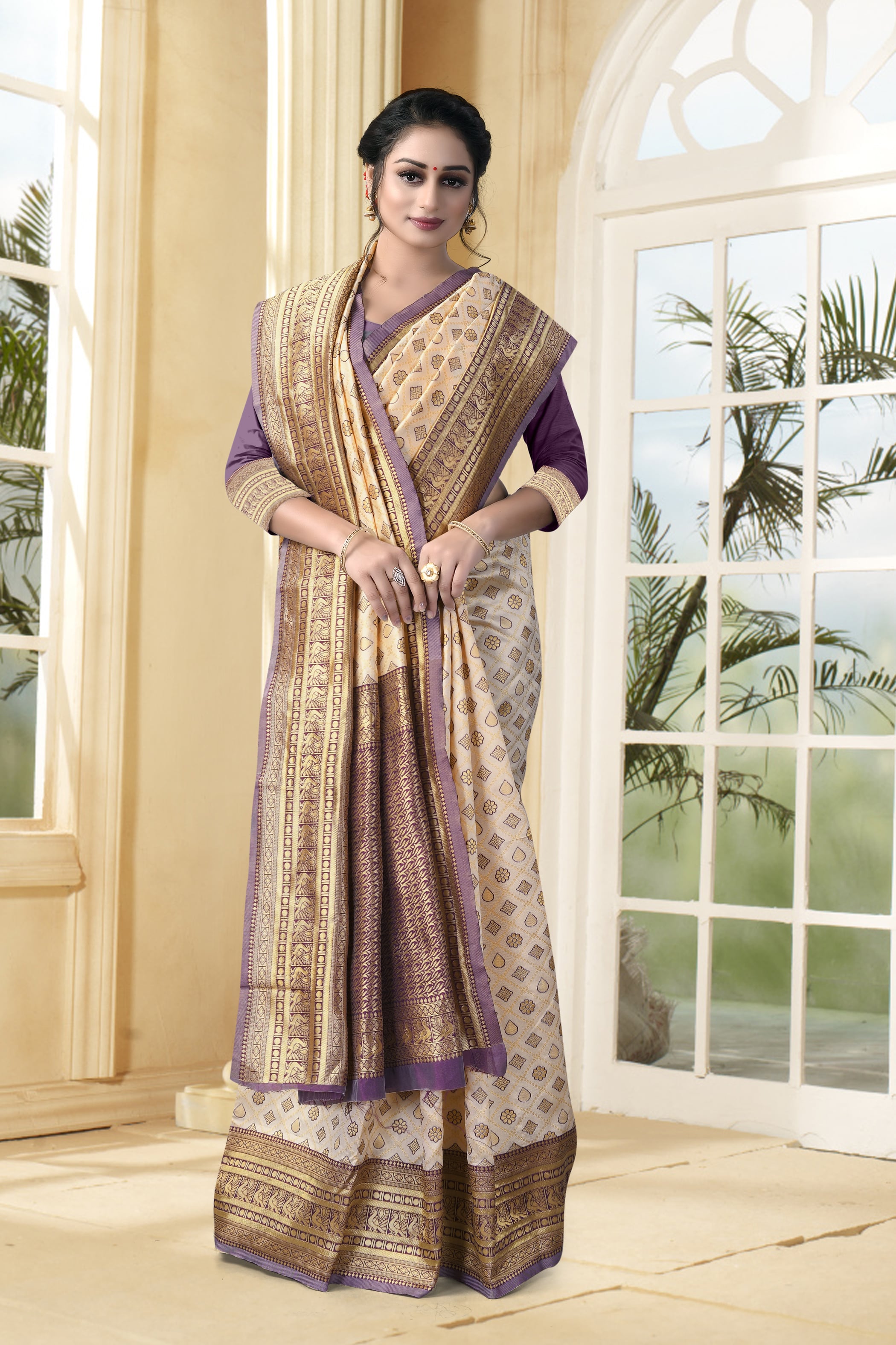 Vedant Vastram Litchi Silk Designer Banarasi Saree - Cream - Distacart