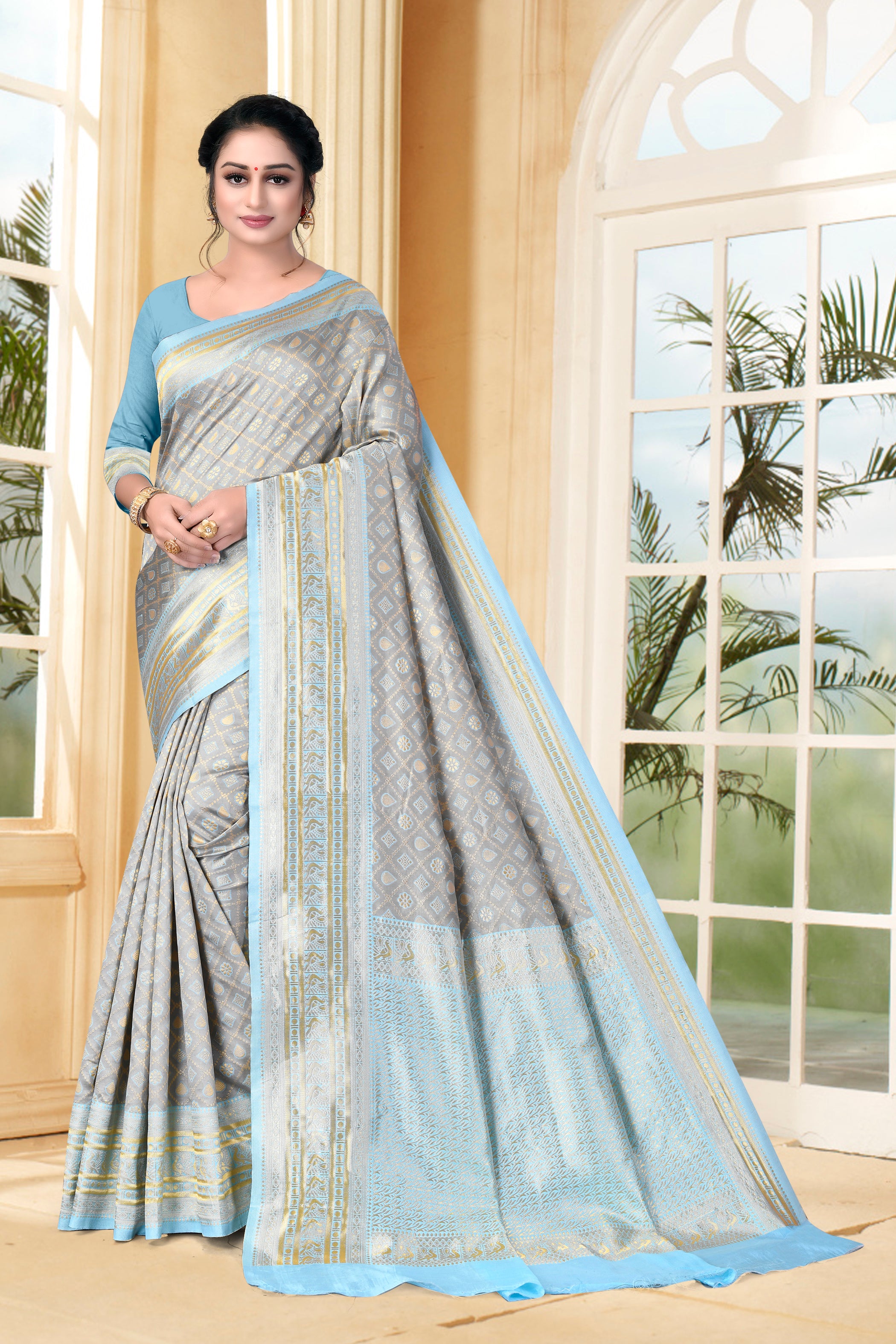 Vedant Vastram Litchi Silk Designer Banarasi Saree - Grey - Distacart