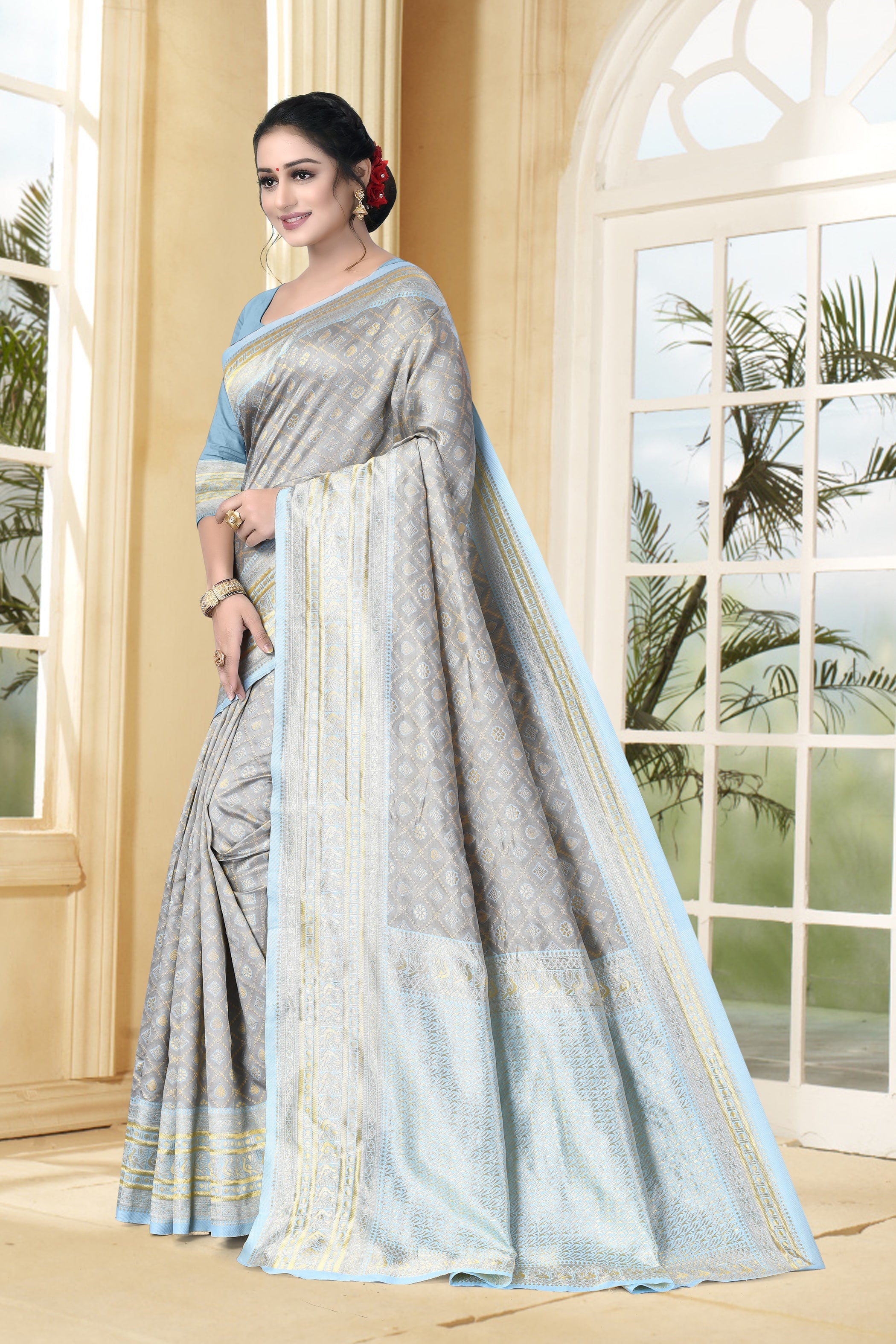 Vedant Vastram Litchi Silk Designer Banarasi Saree - Grey - Distacart