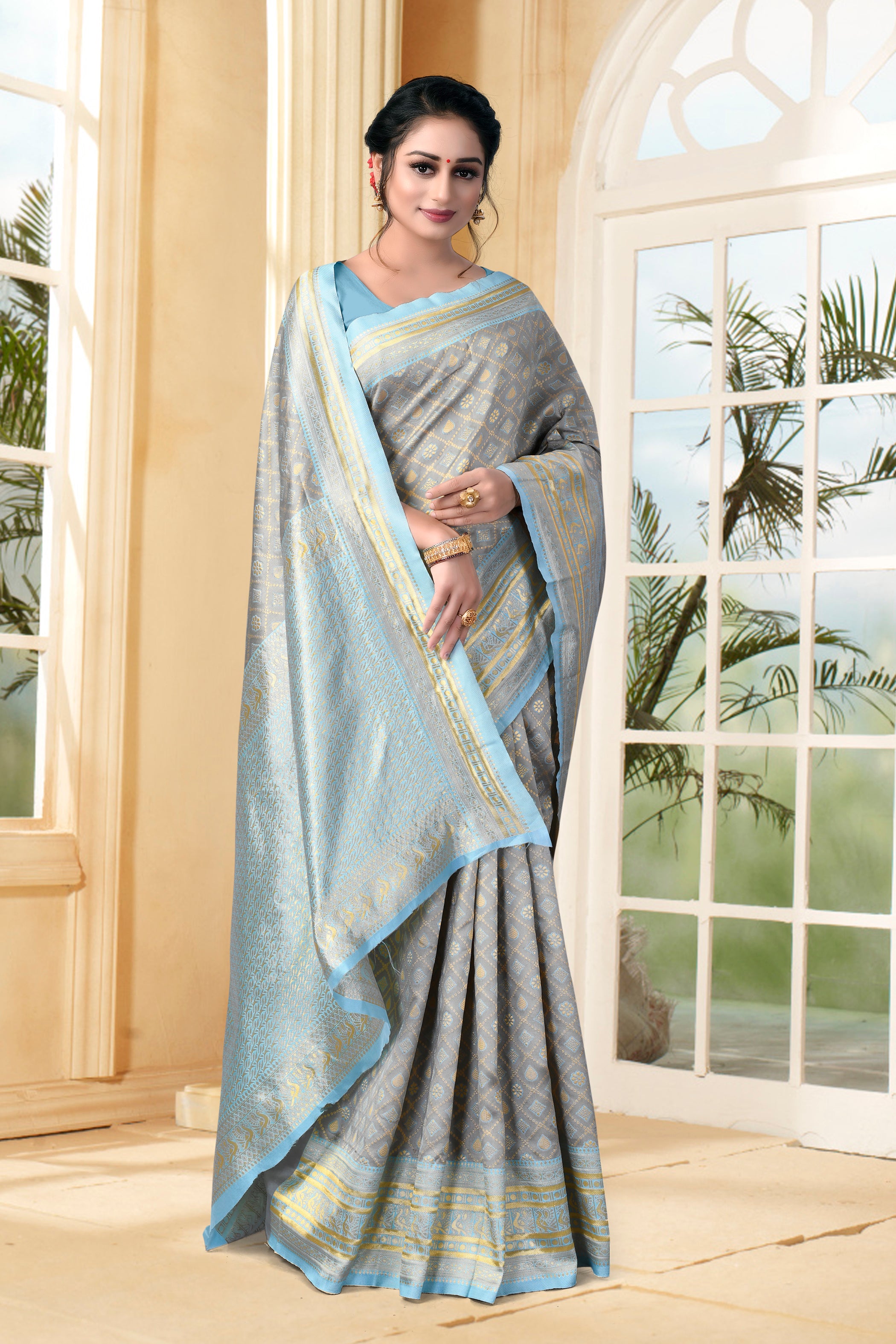 Vedant Vastram Litchi Silk Designer Banarasi Saree - Grey - Distacart