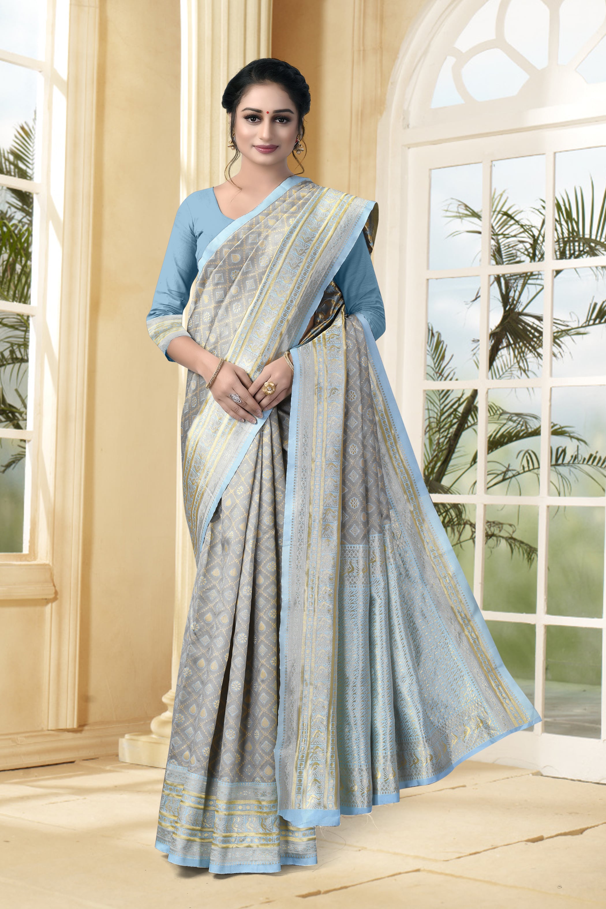 Vedant Vastram Litchi Silk Designer Banarasi Saree - Grey - Distacart