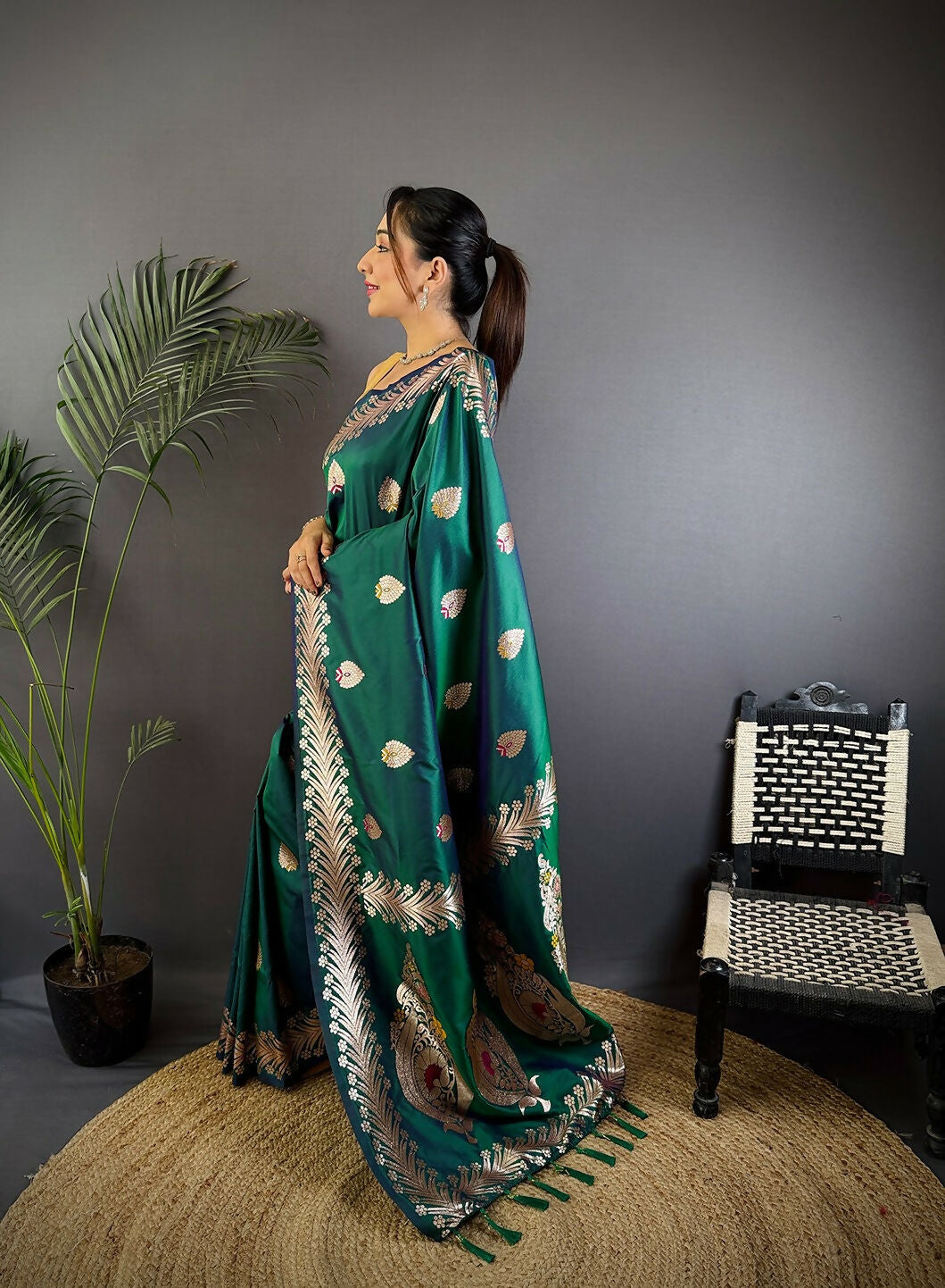 Joban Fashion Banarasi Dusty Teal Woven Soft Silk Saree