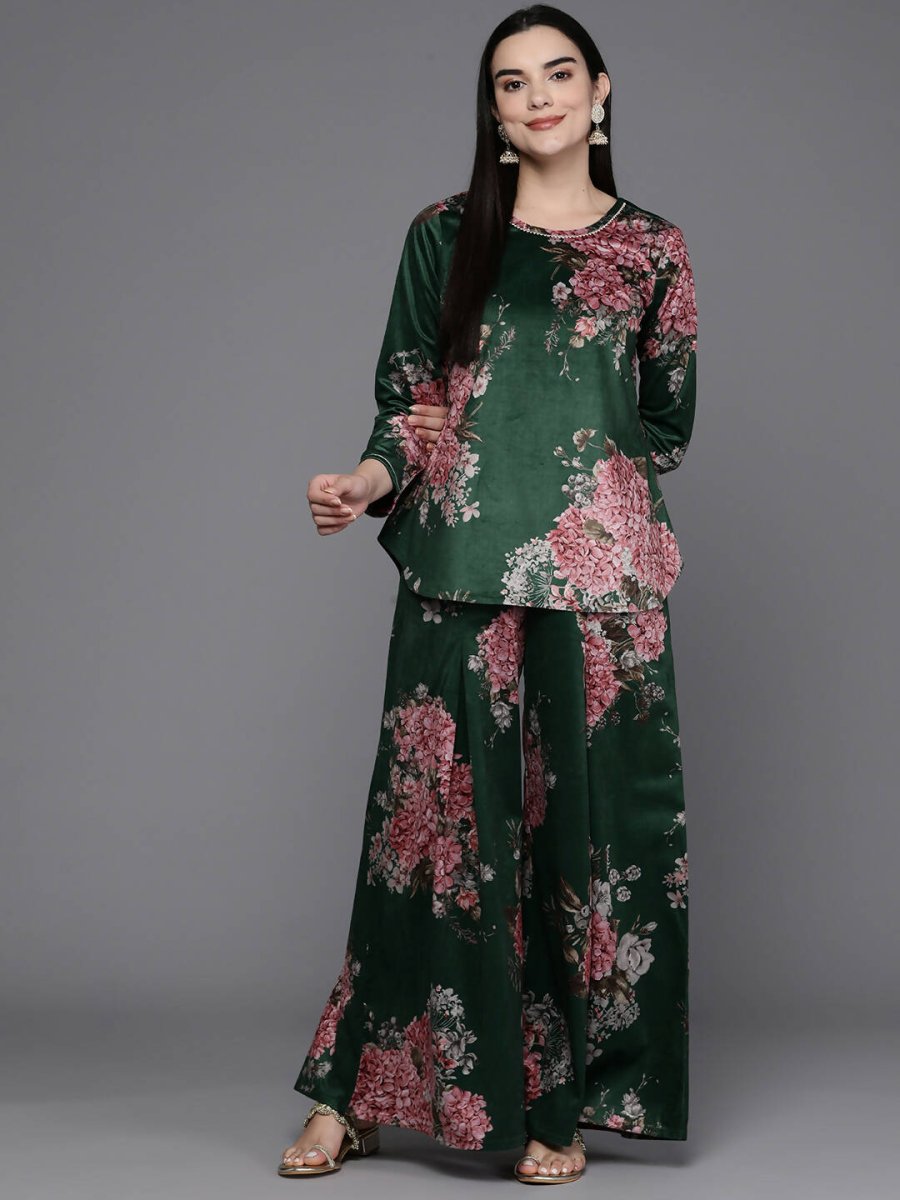 Ahalyaa Women Floral Printed Velvet Tunic with Palazzos - Green Color - Distacart