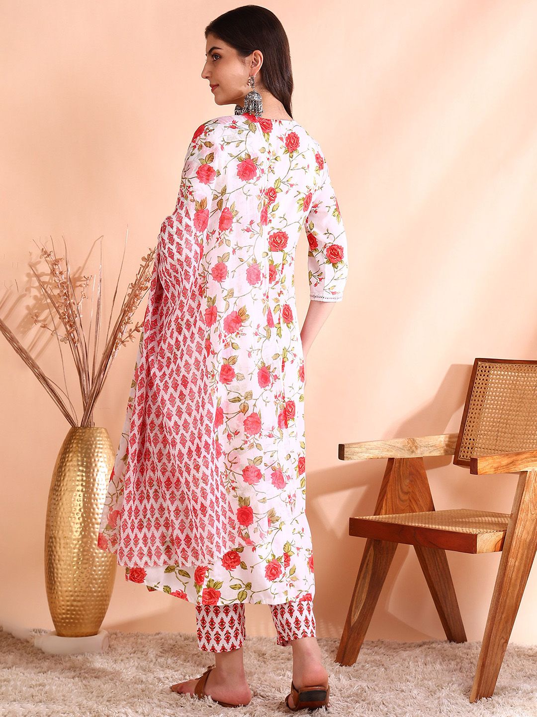 Ode by House of Pataudi Thread Work Pure Cotton Anarkali Kurta with Trousers & Dupatta - Distacart