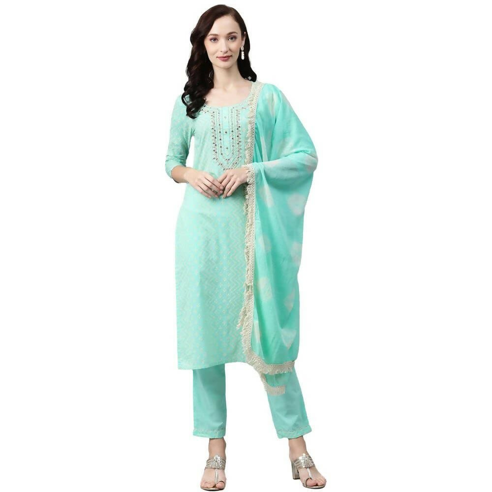 Anubhutee Women's Cotton Regular Bandhani Printed Mirror Work Blue Kurta Set - Distacart