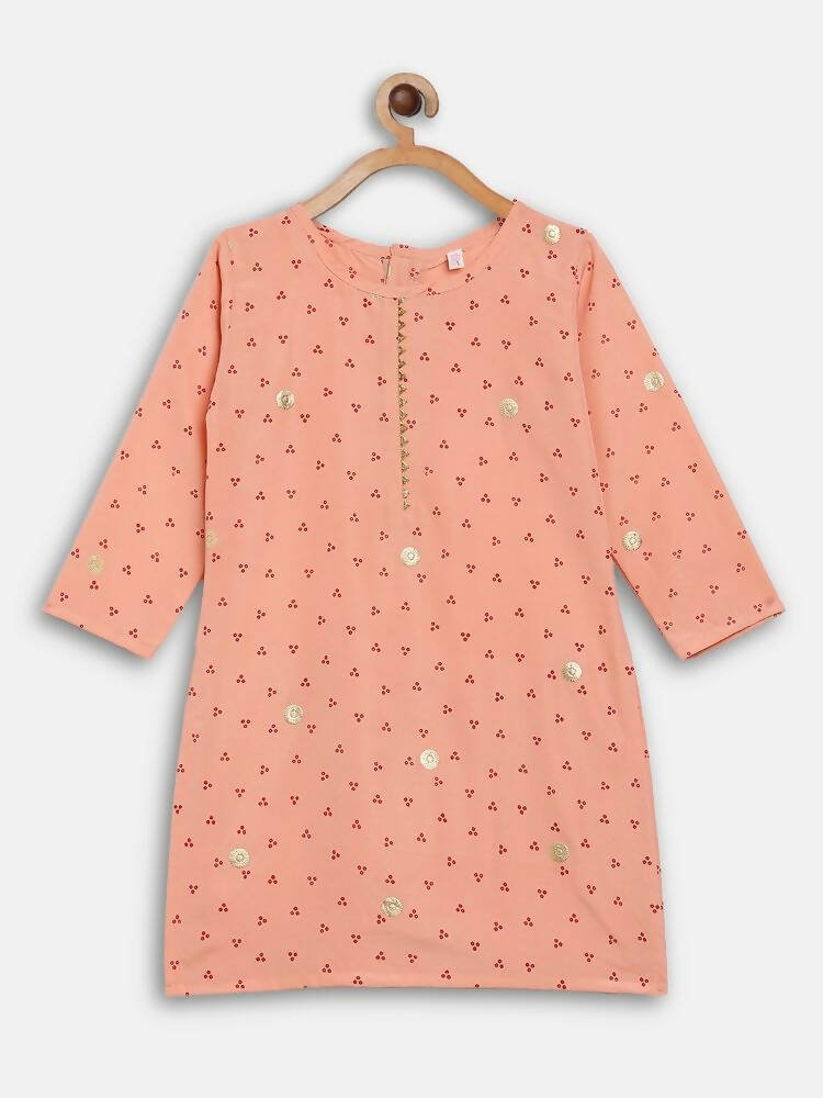 Ahalyaa Peach Crepe Gold Printed Kids Kurta Sets With Dupatta For Girls - Distacart