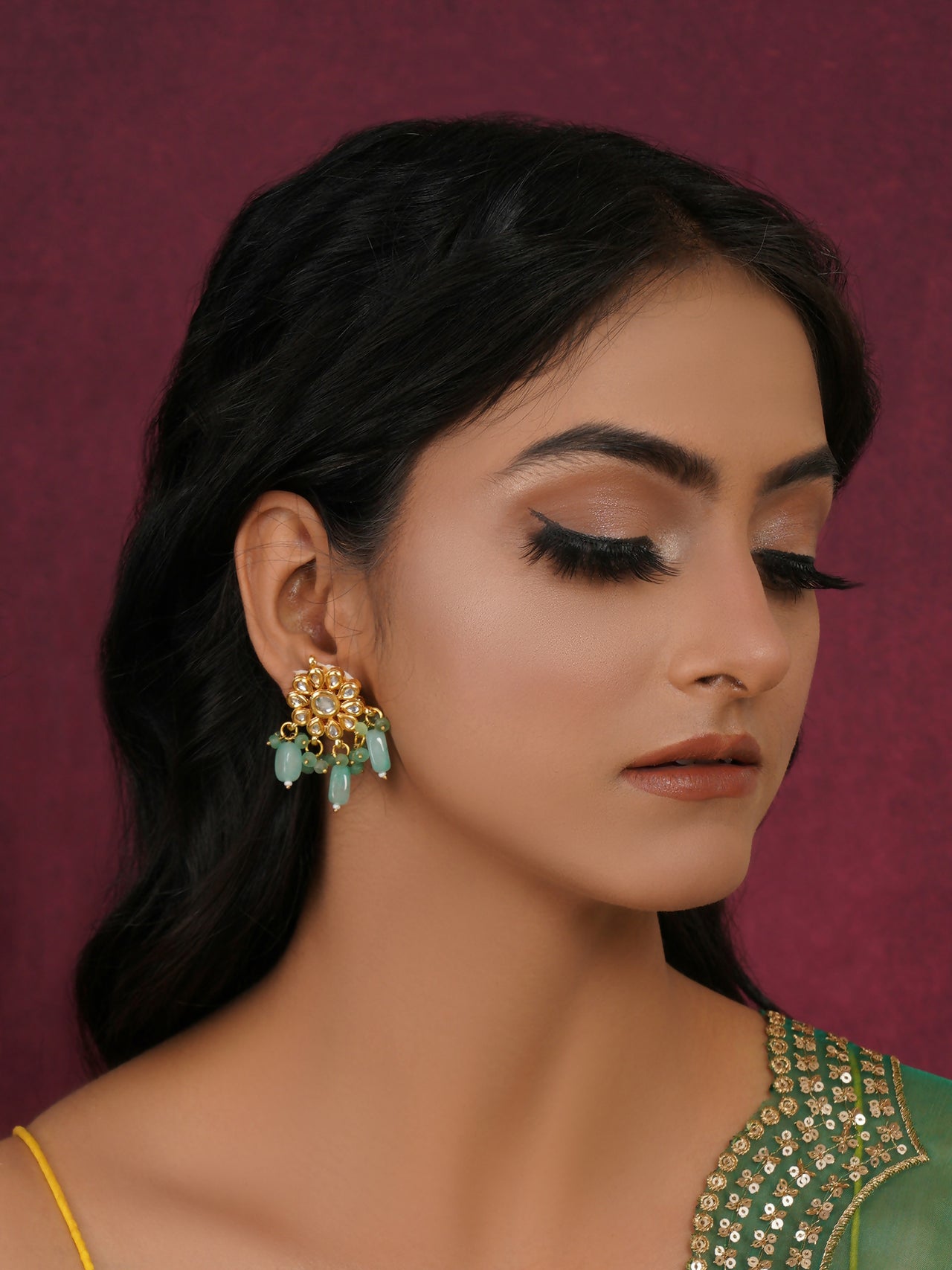 Mint Stone Kundan Earrings (Gold) - Ruby Raang - Distacart