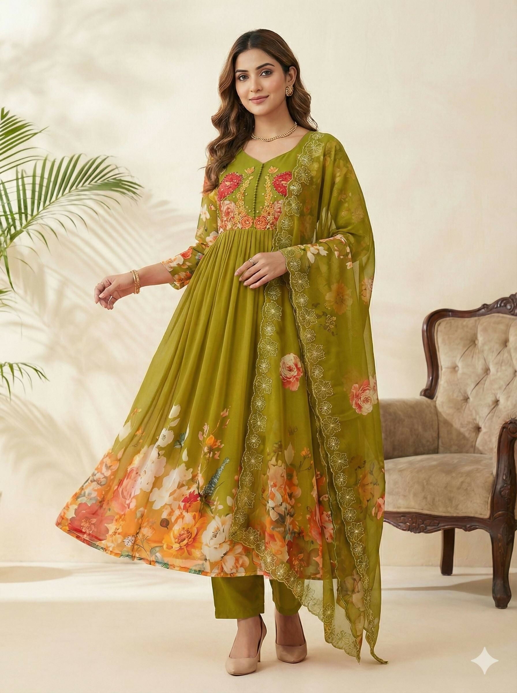 Teeya Creation Womens New Fancy Fox Georgette Heavy Quality Fabricwith Handwork Gown Set - Dista