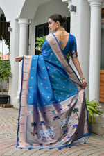 Thumbnail for Vishnu Weaves Women's Rama Paithani Silk Zari Woven Saree with Blouse