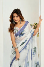 Thumbnail for Vastranavya Blue Digital Printed Linen Ready To Wear Designer Saree with Unstitched Blouse - Distacart