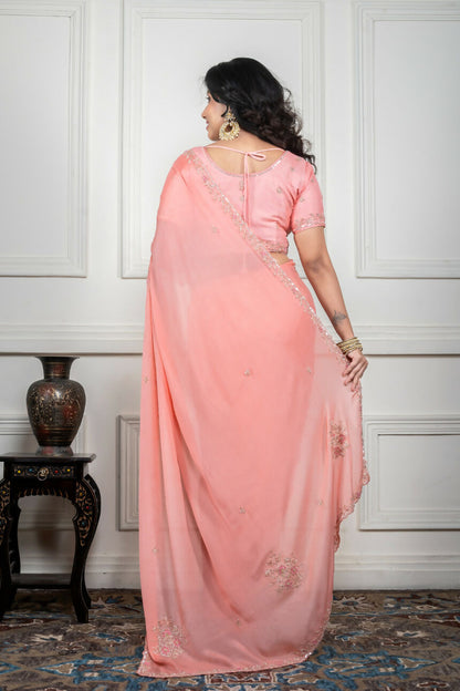 Morchari Peach Chiffon Hand Embroidery Saree And Stitched Blouse - Distacart