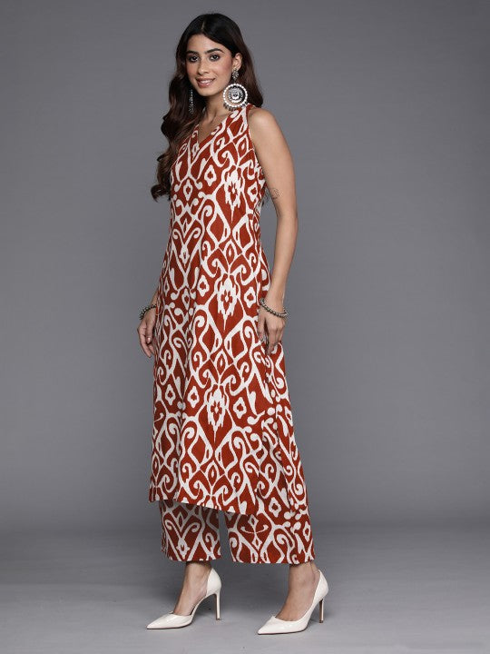 Varanga Women Red Ikat Printed Straight Kurta With Palazzo - Distacart