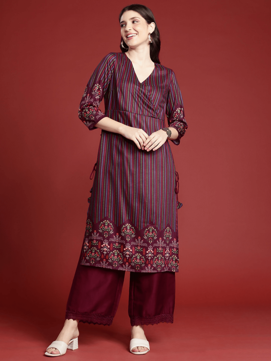 Anouk Women Floral Printed Angrakha Kurta with Palazzos - Distacart