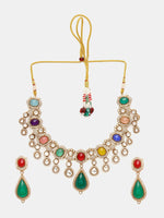 Thumbnail for Ruby Raang Gold Polished Kundan Work Multi-Color Maharani Kundan And Stonework Necklace With Earrings