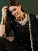 Thumbnail for Sangria Zari Sequence Embroidered Straight Kurta & Trousers With Dupatta
