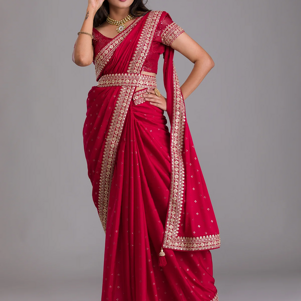 Teeya Creation Red Color Chinnon Silk Heavy Embroidery Work Saree - Distacart