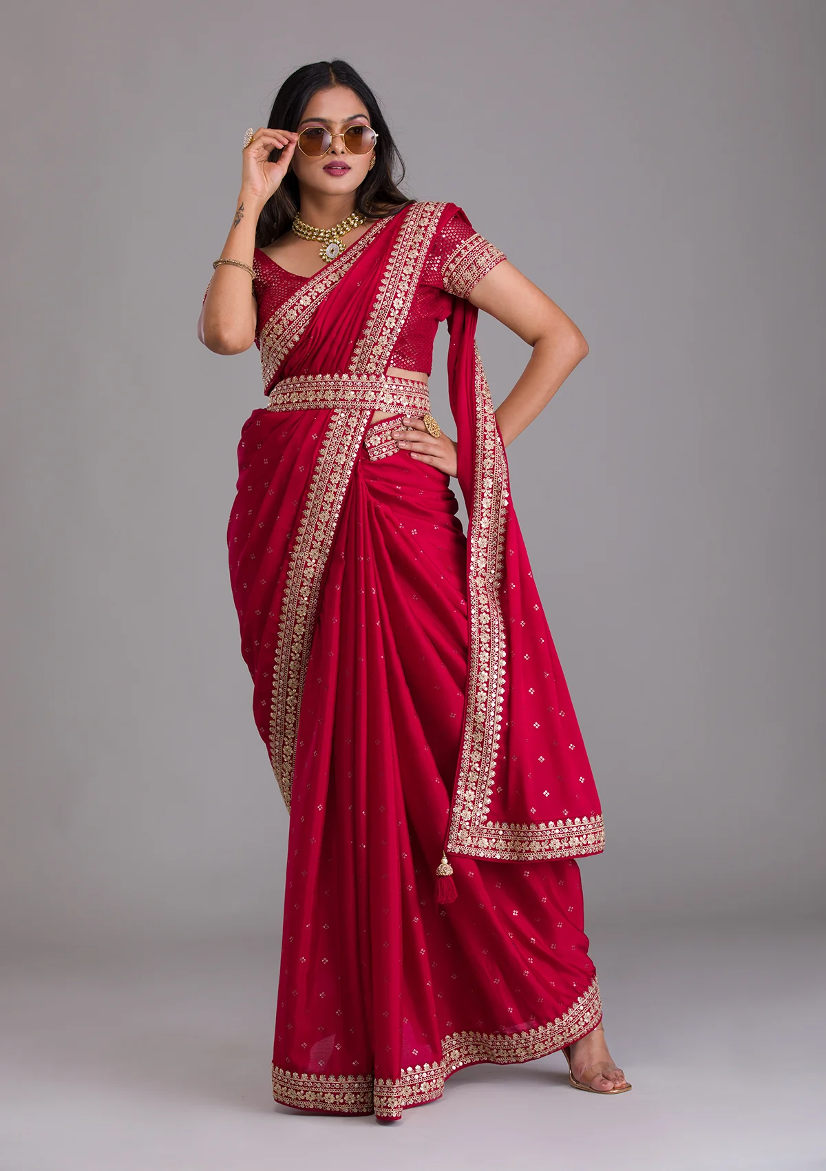 Teeya Creation Red Color Chinnon Silk Heavy Embroidery Work Saree - Distacart