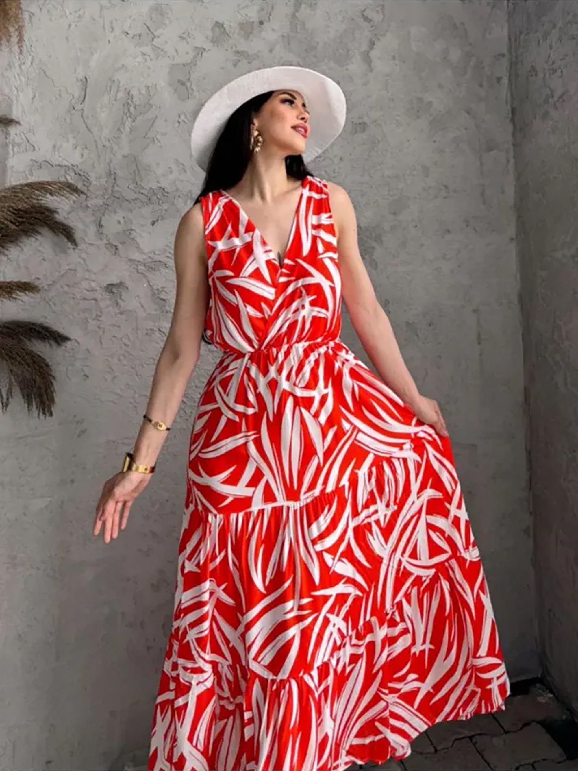 Pimu Viscose Patterned Summer Dress - Elastic Waist, V-Neck - Red