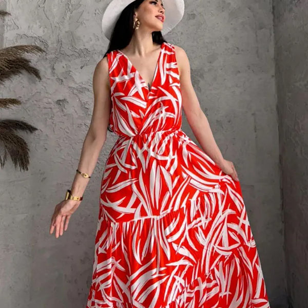 Pimu Viscose Patterned Summer Dress - Elastic Waist, V-Neck - Red