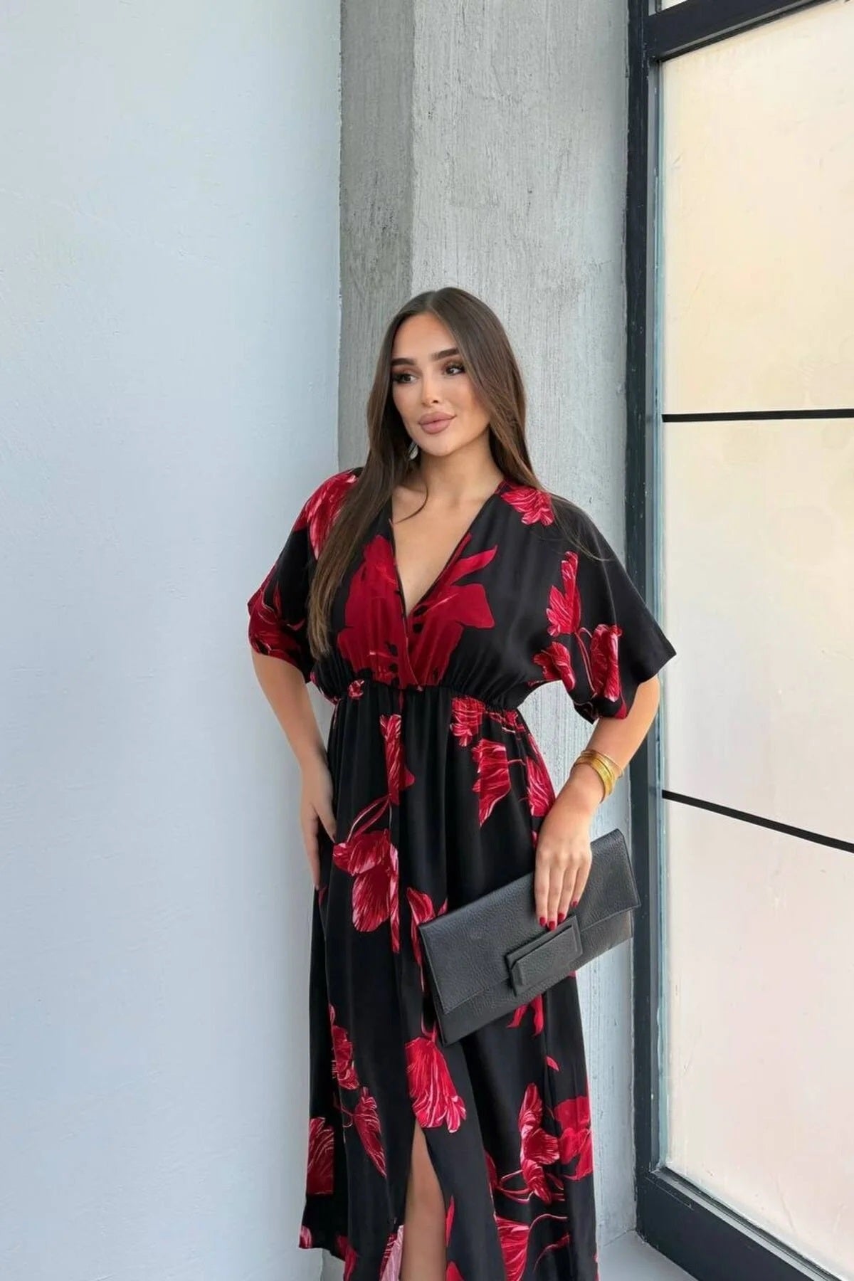 Pimu Front Slit Midi Dresses V-neck Designs For Women Party Wear - Red