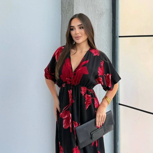 Pimu Front Slit Midi Dresses V-neck Designs For Women Party Wear - Red